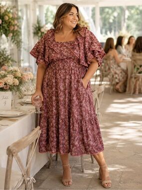NWT Love Olive Co 3XL Floral Midi Dress Ruffle Sleeve Smocked Boho Cottagecore